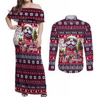 Bulldog Merry Woofmas Couples Matching Off Shoulder Maxi Dress and Long Sleeve Button Shirt Christmas Dog Art Style - Wonder Print Shop