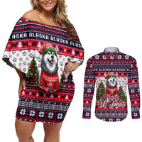 Alaska Merry Woofmas Couples Matching Off Shoulder Short Dress and Long Sleeve Button Shirt Christmas Dog Art Style - Wonder Print Shop