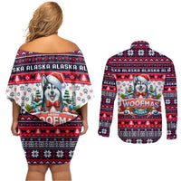 Alaska Merry Woofmas Couples Matching Off Shoulder Short Dress and Long Sleeve Button Shirt Christmas Dog Art Style - Wonder Print Shop