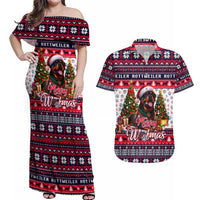 Rottweiler Merry Woofmas Couples Matching Off Shoulder Maxi Dress and Hawaiian Shirt Christmas Dog Art Style - Wonder Print Shop