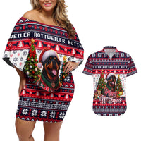Rottweiler Merry Woofmas Couples Matching Off Shoulder Short Dress and Hawaiian Shirt Christmas Dog Art Style - Wonder Print Shop