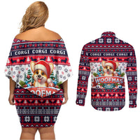 Corgi Merry Woofmas Couples Matching Off Shoulder Short Dress and Long Sleeve Button Shirt Christmas Dog Art Style - Wonder Print Shop