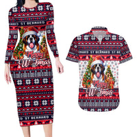 Saint Bernard Merry Woofmas Couples Matching Long Sleeve Bodycon Dress and Hawaiian Shirt Christmas Dog Art Style - Wonder Print Shop