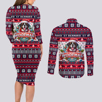Saint Bernard Merry Woofmas Couples Matching Long Sleeve Bodycon Dress and Long Sleeve Button Shirt Christmas Dog Art Style - Wonder Print Shop