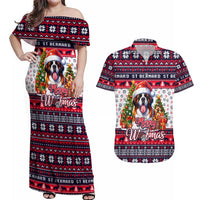 Saint Bernard Merry Woofmas Couples Matching Off Shoulder Maxi Dress and Hawaiian Shirt Christmas Dog Art Style - Wonder Print Shop