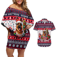 German Shepherd Merry Woofmas Couples Matching Off Shoulder Short Dress and Hawaiian Shirt Christmas Dog Art Style - Wonder Print Shop