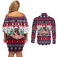 German Shepherd Merry Woofmas Couples Matching Off Shoulder Short Dress and Long Sleeve Button Shirt Christmas Dog Art Style - Wonder Print Shop