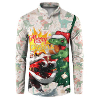 Cheer Santa Claus T-Rex Button Sweatshirt Merry Beermas Christmas - Wonder Print Shop