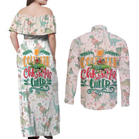 Cheer Santa Claus T-Rex Couples Matching Off Shoulder Maxi Dress and Long Sleeve Button Shirt Merry Beermas Christmas - Wonder Print Shop