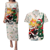 Cheer Santa Claus T-Rex Couples Matching Puletasi and Hawaiian Shirt Merry Beermas Christmas - Wonder Print Shop