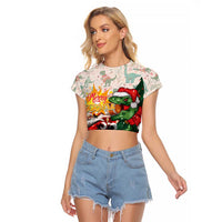 Cheer Santa Claus T-Rex Raglan Cropped T Shirt Merry Beermas Christmas - Wonder Print Shop