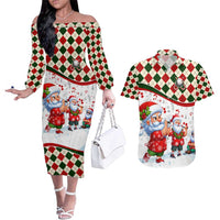 Santa Golf Club Couples Matching Off The Shoulder Long Sleeve Dress and Hawaiian Shirt Christmas Winter Style - Wonder Print Shop
