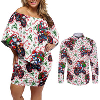 BRAAAP! Motorbike Santa Christmas Couples Matching Off Shoulder Short Dress and Long Sleeve Button Shirt - Wonder Print Shop