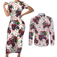 BRAAAP! Motorbike Santa Christmas Couples Matching Short Sleeve Bodycon Dress and Long Sleeve Button Shirt - Wonder Print Shop