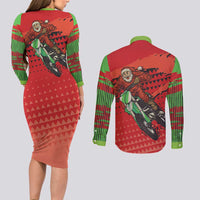 Braaap Couples Matching Long Sleeve Bodycon Dress and Long Sleeve Button Shirt Motorcross Santa Christmas - Wonder Print Shop