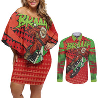 Braaap Couples Matching Off Shoulder Short Dress and Long Sleeve Button Shirt Motorcross Santa Christmas - Wonder Print Shop