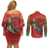 Braaap Couples Matching Off Shoulder Short Dress and Long Sleeve Button Shirt Motorcross Santa Christmas - Wonder Print Shop