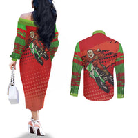 Braaap Couples Matching Off The Shoulder Long Sleeve Dress and Long Sleeve Button Shirt Motorcross Santa Christmas