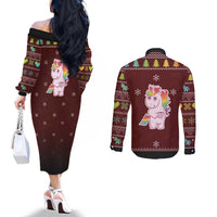 Cant Hear You Unicorn Christmas Couples Matching Off The Shoulder Long Sleeve Dress and Long Sleeve Button Shirt