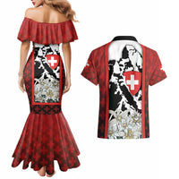 Switzerland Bernese Mountain Dog Couples Matching Mermaid Dress and Hawaiian Shirt Edelweiss Coat Of Arms