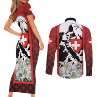 Switzerland Bernese Mountain Dog Couples Matching Short Sleeve Bodycon Dress and Long Sleeve Button Shirt Edelweiss Coat Of Arms