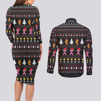 Christmas Tree Breast Cancer Couples Matching Long Sleeve Bodycon Dress and Long Sleeve Button Shirt Survivor - Wonder Print Shop