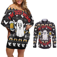 Christmas Boo Beer Couples Matching Off Shoulder Short Dress and Long Sleeve Button Shirt I'm Just Here For The Boos - Wonder Print Shop