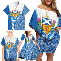 Scotland Forever Family Matching Off Shoulder Short Dress and Hawaiian Shirt Thistle Lion Rampant