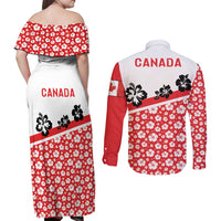 Canada Couples Matching Off Shoulder Maxi Dress and Long Sleeve Button Shirt Summer Hibiscus Tropical Flower