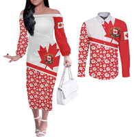 Canada Couples Matching Off The Shoulder Long Sleeve Dress and Long Sleeve Button Shirt Summer Hibiscus Tropical Flower