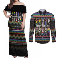 Pride Cat LGBT Couples Matching Off Shoulder Maxi Dress and Long Sleeve Button Shirt Happy Purride Christmas - Cute Pet Rainbow Flag - Wonder Print Shop