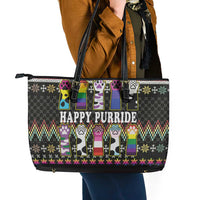 Pride Cat LGBT Leather Tote Bag Happy Purride Christmas - Cute Pet Rainbow Flag - Wonder Print Shop