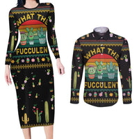 Cacuts Christmas Couples Matching Long Sleeve Bodycon Dress and Long Sleeve Button Shirt Cactus What the Fucculent - Wonder Print Shop