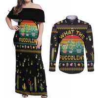 Cacuts Christmas Couples Matching Off Shoulder Maxi Dress and Long Sleeve Button Shirt Cactus What the Fucculent - Wonder Print Shop
