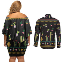 Cacuts Christmas Couples Matching Off Shoulder Short Dress and Long Sleeve Button Shirt Cactus What the Fucculent - Wonder Print Shop