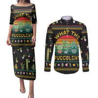 Cacuts Christmas Couples Matching Puletasi and Long Sleeve Button Shirt Cactus What the Fucculent - Wonder Print Shop