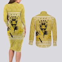 Latin King Couples Matching Long Sleeve Bodycon Dress and Long Sleeve Button Shirt Paisley Pattern Yellow - Wonder Print Shop