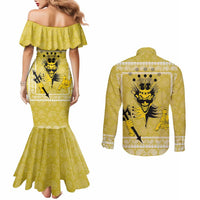 Latin King Couples Matching Mermaid Dress and Long Sleeve Button Shirt Paisley Pattern Yellow
