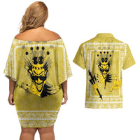 Latin King Couples Matching Off Shoulder Short Dress and Hawaiian Shirt Paisley Pattern Yellow - Wonder Print Shop