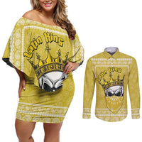 Latin King Couples Matching Off Shoulder Short Dress and Long Sleeve Button Shirt Paisley Pattern Yellow - Wonder Print Shop