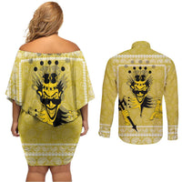 Latin King Couples Matching Off Shoulder Short Dress and Long Sleeve Button Shirt Paisley Pattern Yellow - Wonder Print Shop