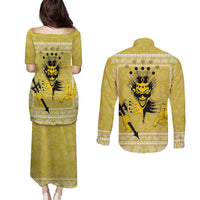 Latin King Couples Matching Puletasi and Long Sleeve Button Shirt Paisley Pattern Yellow - Wonder Print Shop