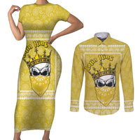 Latin King Couples Matching Short Sleeve Bodycon Dress and Long Sleeve Button Shirt Paisley Pattern Yellow - Wonder Print Shop