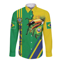 Brazil Flag Emblem Long Sleeve Button Shirt Toco Toucan In My Heart