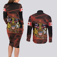 Canada Flag Coat of Arms Couples Matching Long Sleeve Bodycon Dress and Long Sleeve Button Shirt Light Wave Abstract Style