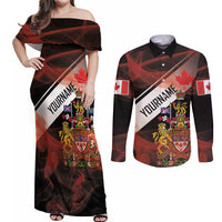 Canada Flag Coat of Arms Couples Matching Off Shoulder Maxi Dress and Long Sleeve Button Shirt Light Wave Abstract Style