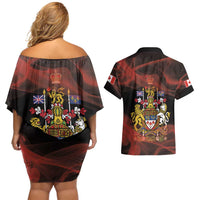 Canada Flag Coat of Arms Couples Matching Off Shoulder Short Dress and Hawaiian Shirt Light Wave Abstract Style