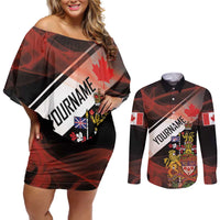 Canada Flag Coat of Arms Couples Matching Off Shoulder Short Dress and Long Sleeve Button Shirt Light Wave Abstract Style