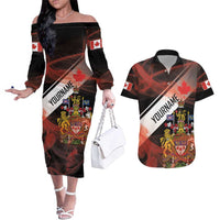 Canada Flag Coat of Arms Couples Matching Off The Shoulder Long Sleeve Dress and Hawaiian Shirt Light Wave Abstract Style