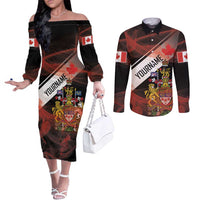 Canada Flag Coat of Arms Couples Matching Off The Shoulder Long Sleeve Dress and Long Sleeve Button Shirt Light Wave Abstract Style